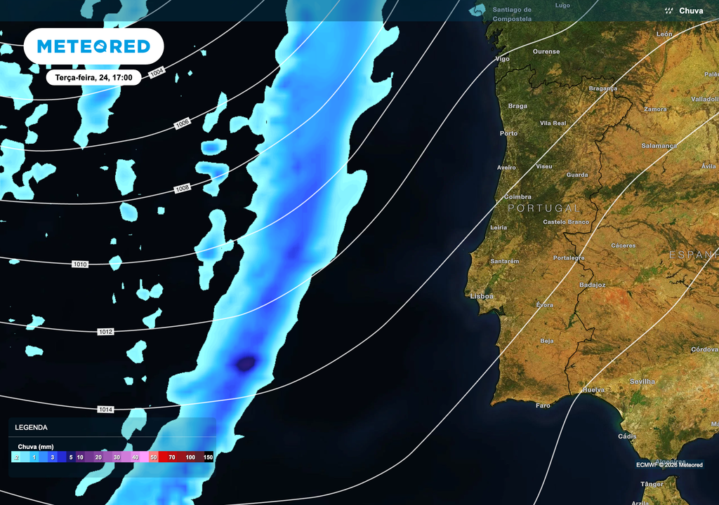 A aproximação de uma frente fria pelo Atlântico começa a refletir-se no aumento de nebulosidade a oeste do continente, enquanto Portugal ainda se mantém sob influência anticiclónica, com tempo estável e seco.