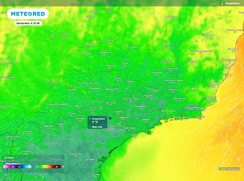 Previsão da temperatura mínima do ar (em °C) para quinta-feira (9), segundo o modelo europeu ECMWF.