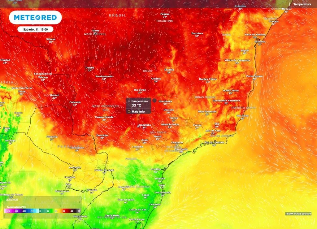 Previsão da temperatura máxima do ar (em °C) para o sábado (11), segundo o modelo europeu ECMWF.