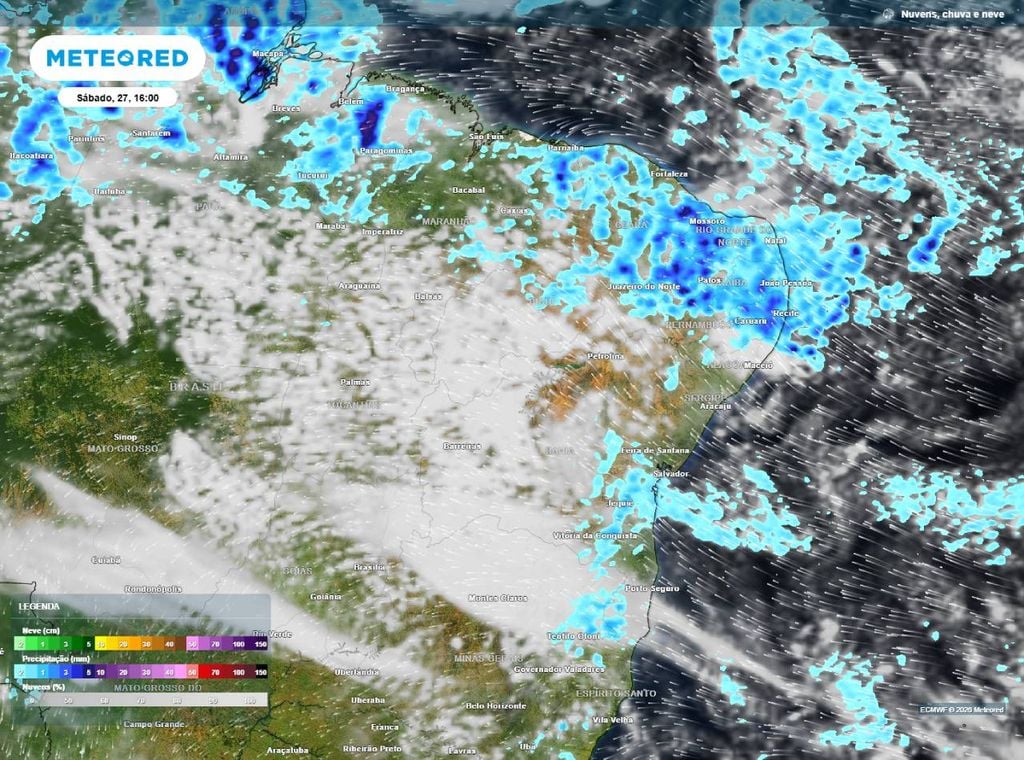 Previsão de precipitação (em mm) e nebulosidade para sábado (27) às 16h, segundo o modelo europeu ECMWF.