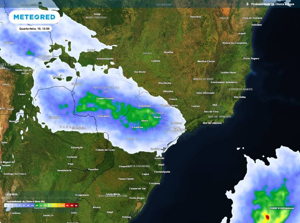 Previsão da probabilidade de precipitação (%) para quarta-feira (10) às 12h, segundo o modelo europeu ECMWF.
