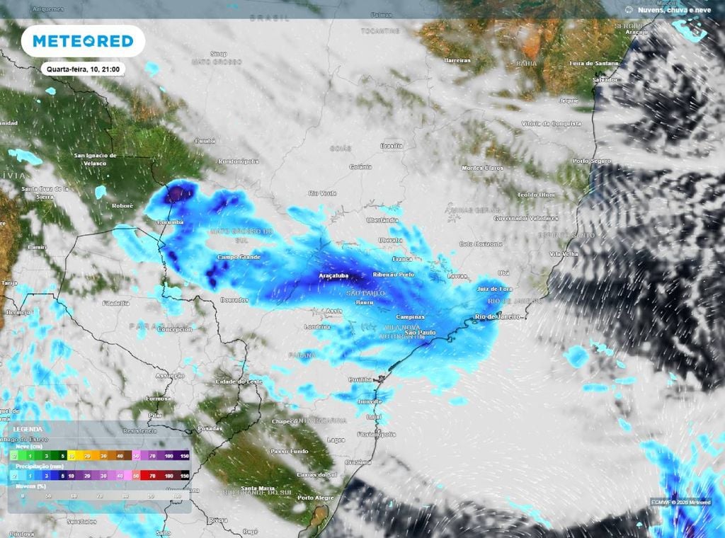 Previsão de precipitação (em mm) e nebulosidade para quarta-feira (10) à noite (21h), segundo o modelo europeu ECMWF.