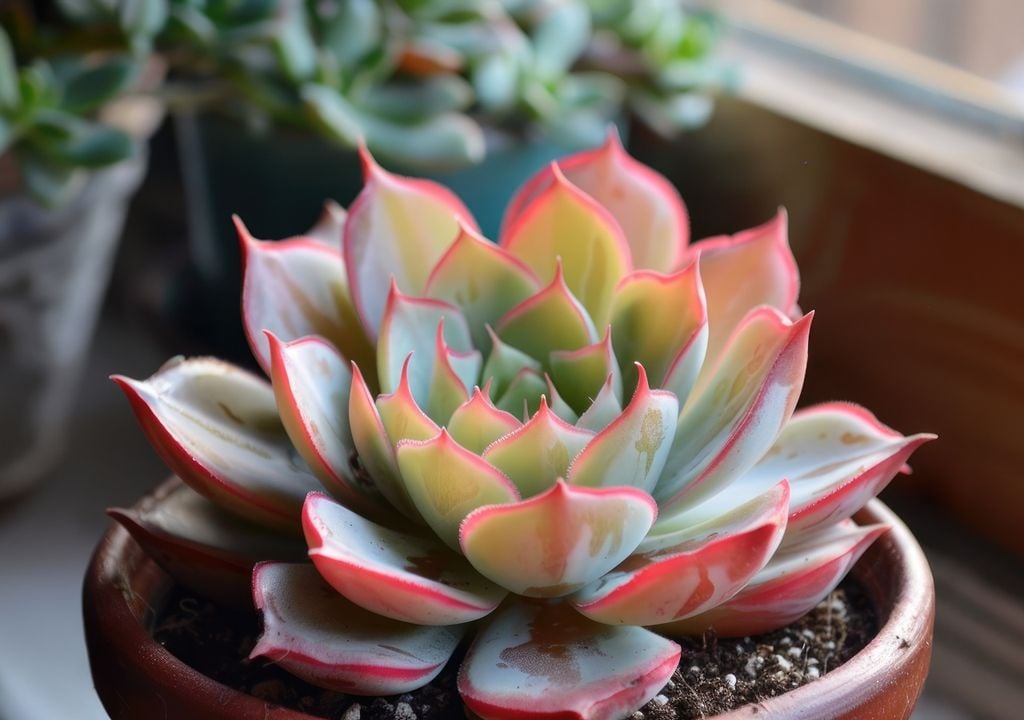suculenta Las Echeveria se destacan por sus rosetas compactas y colores intensos, pero son más sensibles al sol fuerte y pueden quemarse si reciben radiación directa sin adaptación progresiva.
