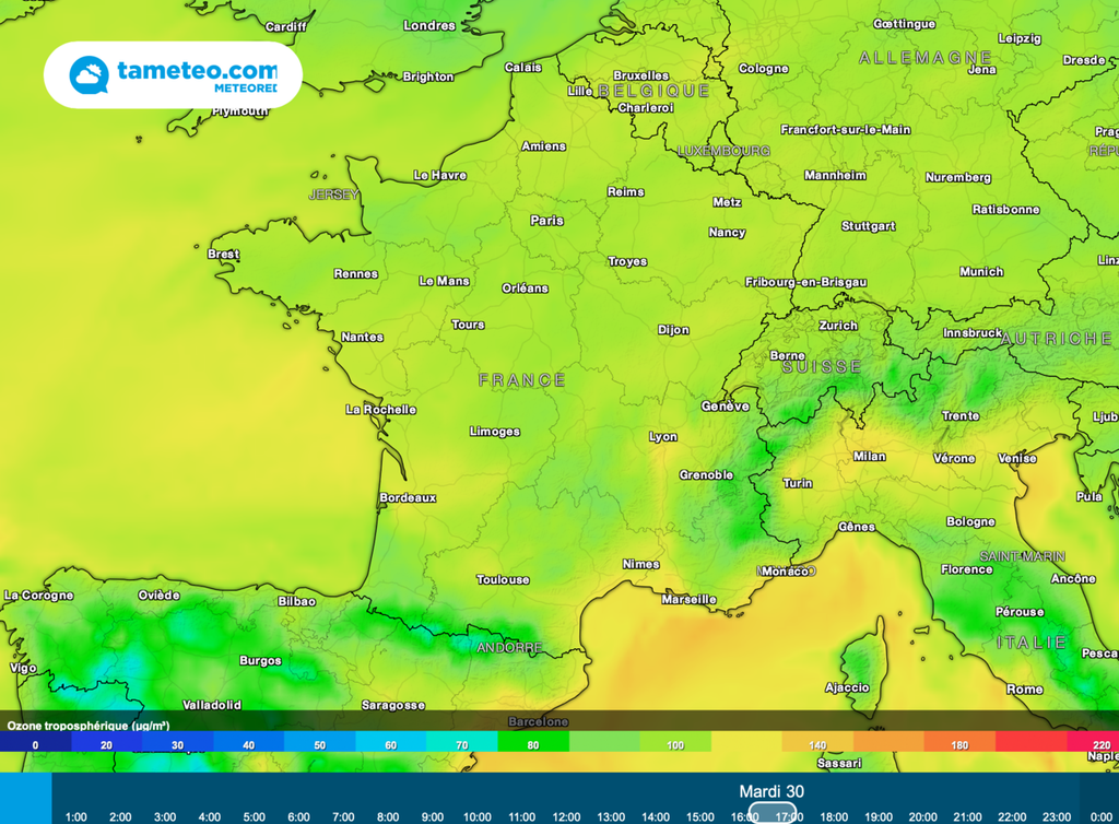 La qualité de l'air se retrouve aussi en partie dégradée par une formation d'ozone. Prévisions pour mardi 30 mai 2023. La qualité de l'air se retrouve aussi en partie dégradée par une formation d'ozone. Prévisions pour mardi 30 mai 2023.