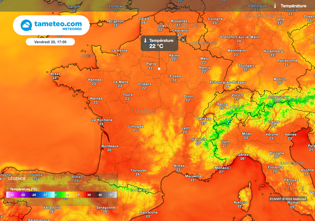 Températures prévues vendredi après-midi. Températures prévues vendredi après-midi.