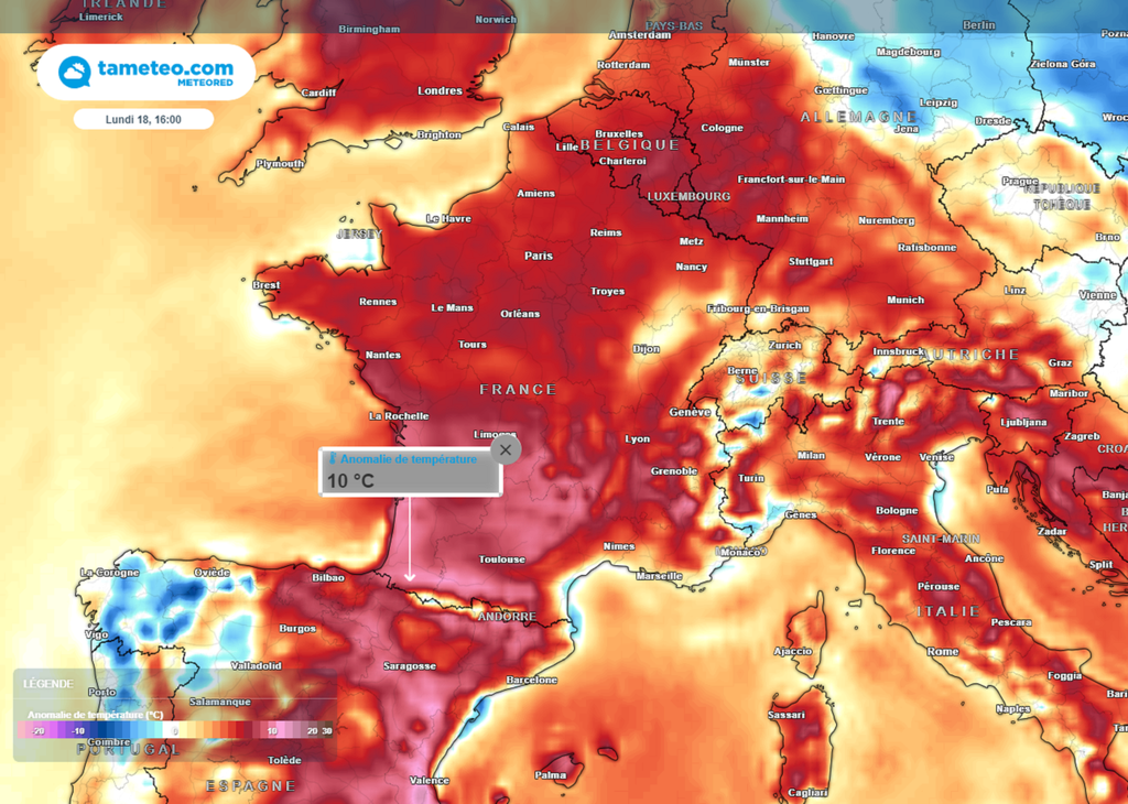 En début de semaine prochaine, la douceur sera toujours aussi marquée dans le sud-ouest (anomalies de températures par rapport à la normale).