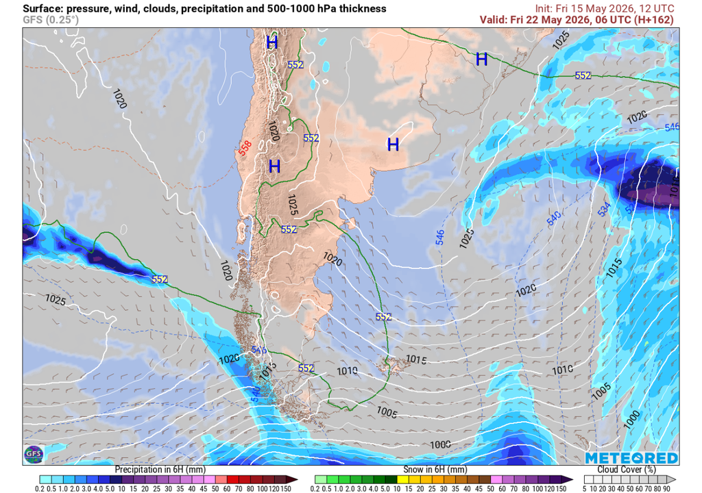 El margen norte de un frente que cruzará por el mar de Drake llevará precipitaciones hacia Magallanes entre el jueves y viernes de la próxima semana.