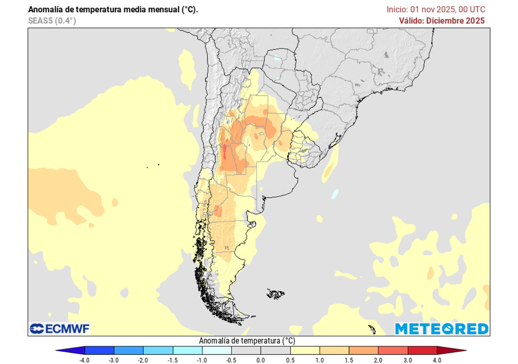 mapa de anomalía de temperatura para el mes de diciembre 2025