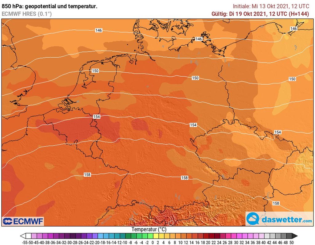 Kommende Woche Dienstag strömt in rund 1500 m Höhe sehr warme Luft nach Deutschland. Unten werden 20 Grad und mehr erreicht.