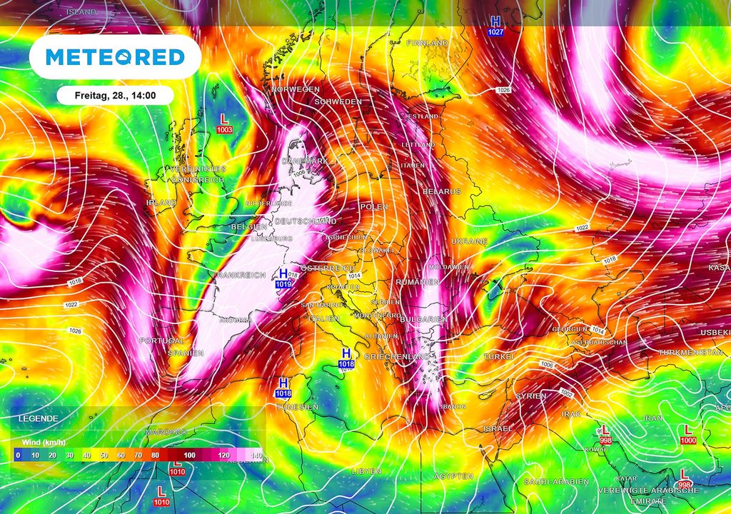 Jet Stream, Wind, 300 hPa, Der Jet-Stream bläst am Ende der Woche wieder kräftig über die warmen südeuropäischen Länder sowie Nordafrika und bringt wahrscheinlich warme Luft nach Deutschland. Potentiell führt dies also zu Gewittern, aber bei anhaltendem Luftstrom auch wieder steigenden Temperaturen.