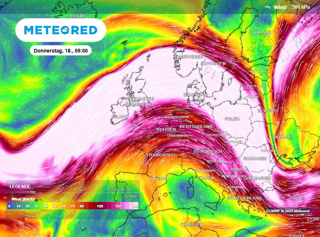 Ganz andere Wetterlage am Donnerstag: Der Jetstream wölbt sich nach Norden auf und macht damit den Weg frei für sehr warme Luftmassen aus Südwesteuropa.