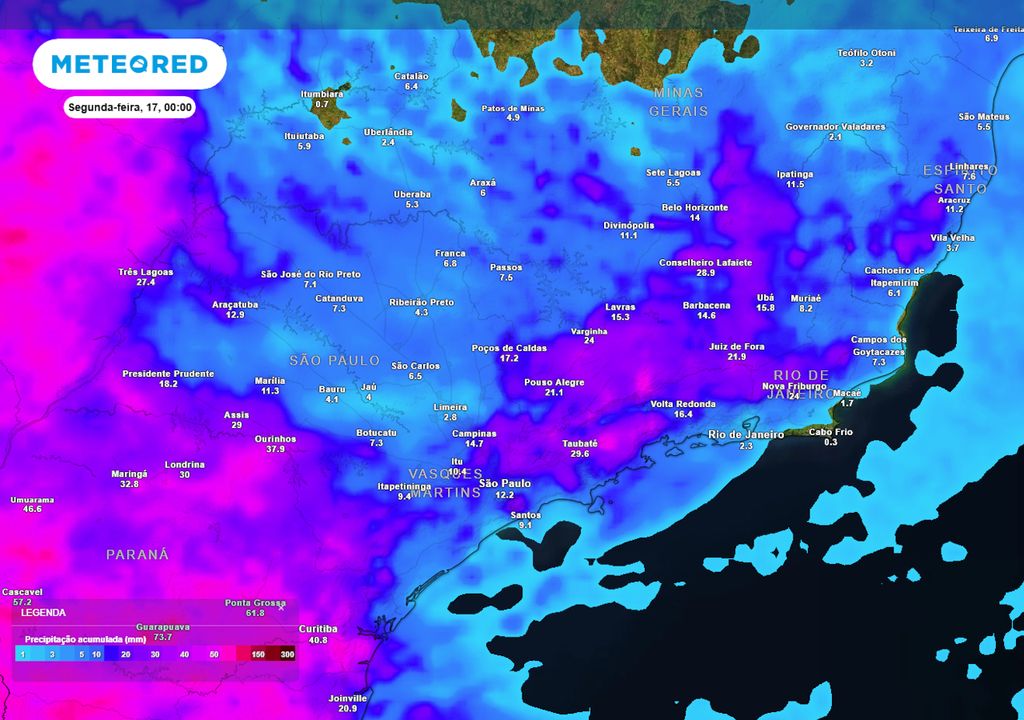 Previsão de acumulados totais de chuva até o final do domingo. Previsão de acumulados totais de chuva até o final do domingo.