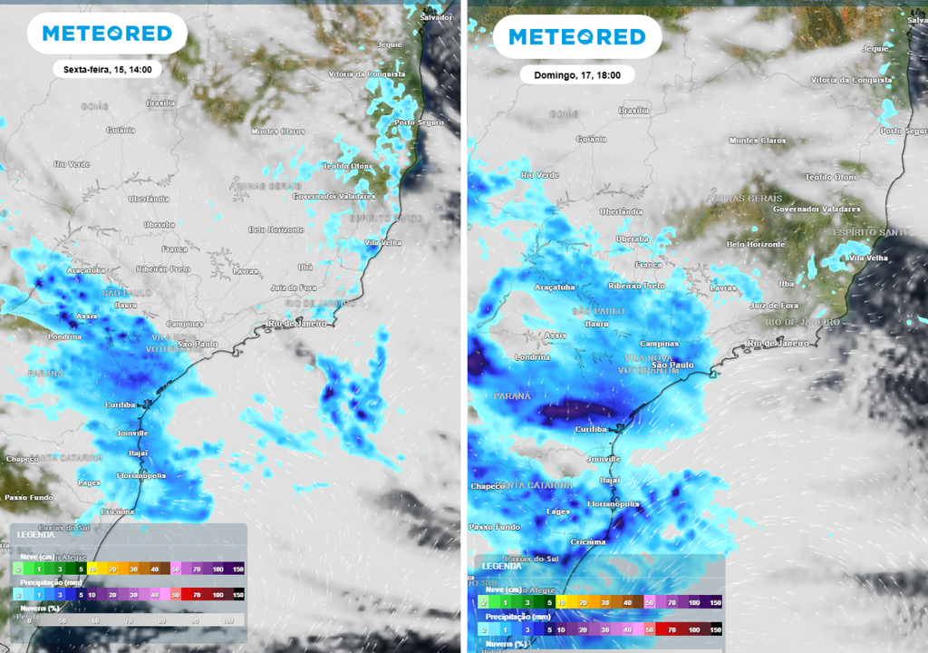 Previsão de precipitação (em mm) e nebulosidade para sexta-feira (15) à tarde (14h) à esquerda e domingo (17) à tarde (18h) à direita, segundo o modelo europeu ECMWF.