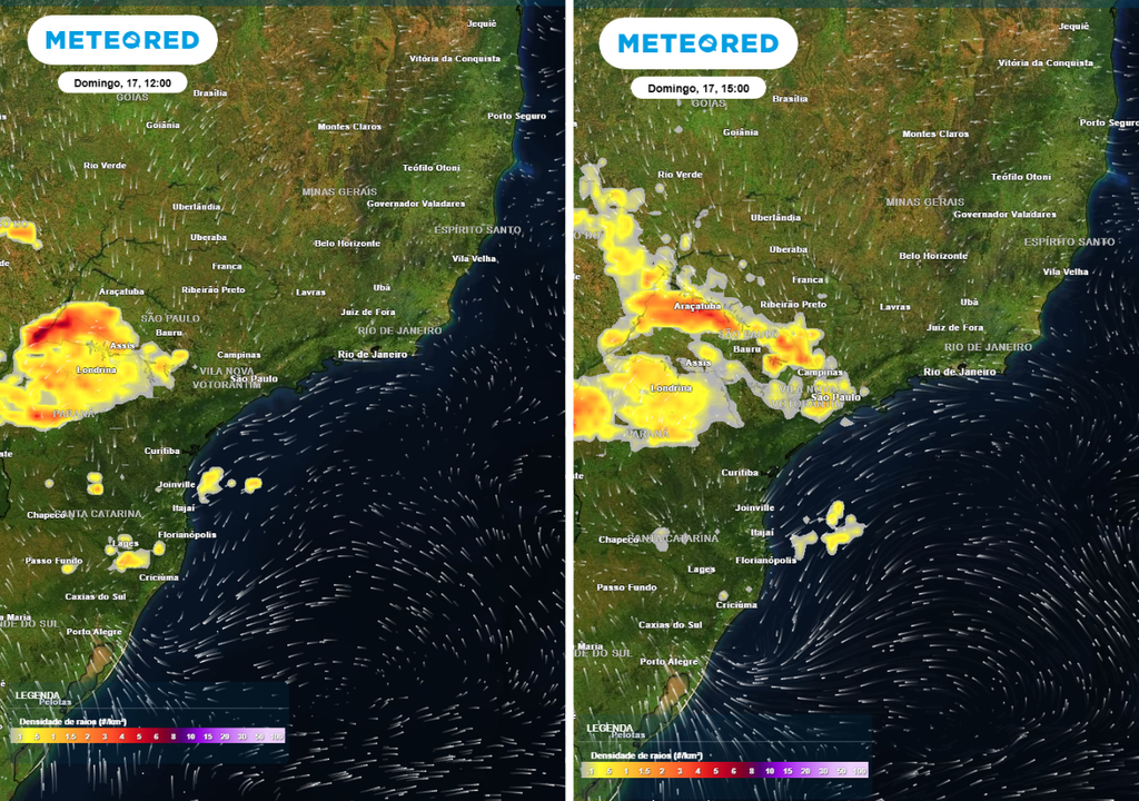 Previsão de densidade de raios para domingo (17) às 12h à esquerda e às 15h à direita, segundo o modelo europeu ECMWF, mostrando as áreas com risco de tempestades.