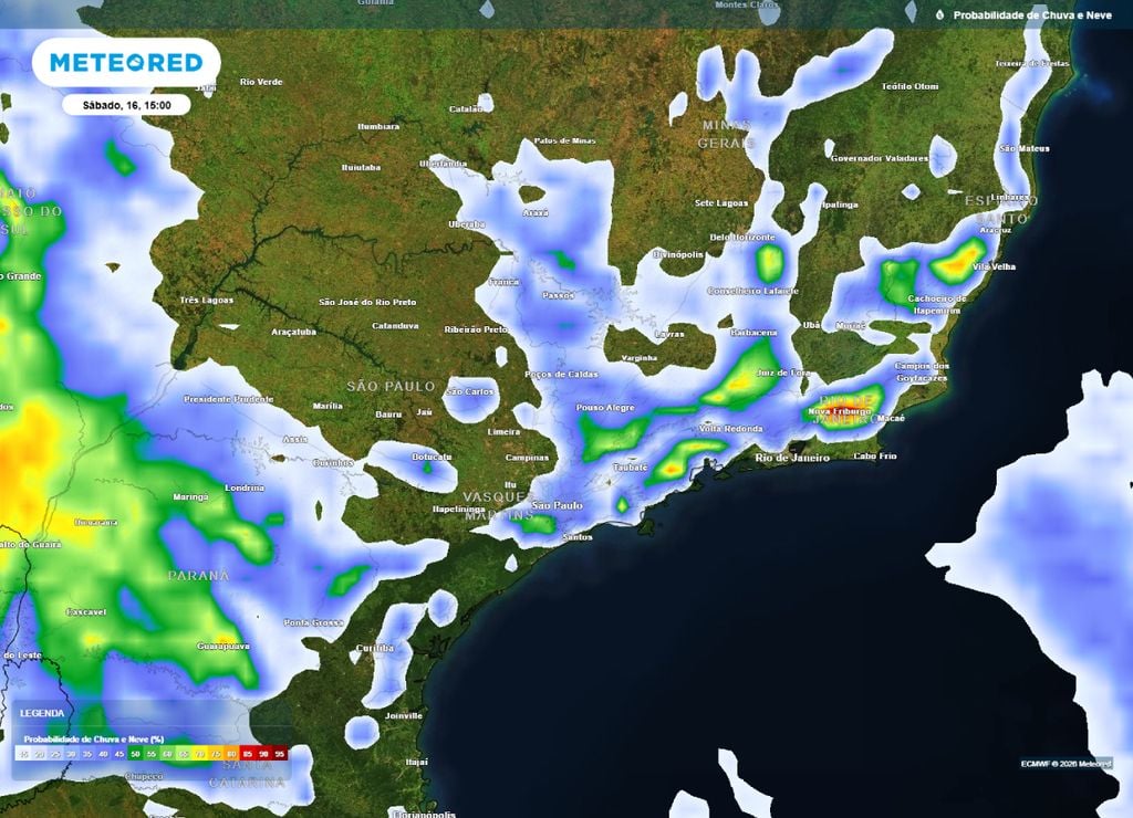 Previsão da probabilidade de precipitação (%) para sábado (16) à tarde (15h), segundo o modelo europeu ECMWF.