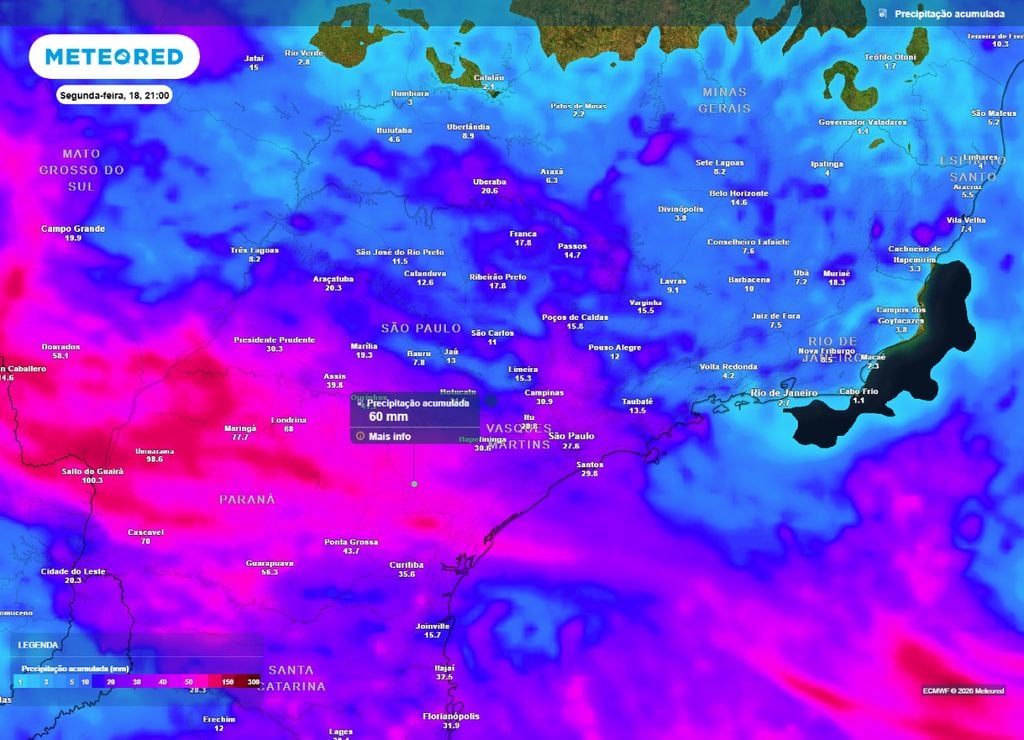 Previsão do acumulado de precipitação (em mm) entre hoje (13) e a noite de segunda-feira (18), segundo o modelo europeu ECMWF.