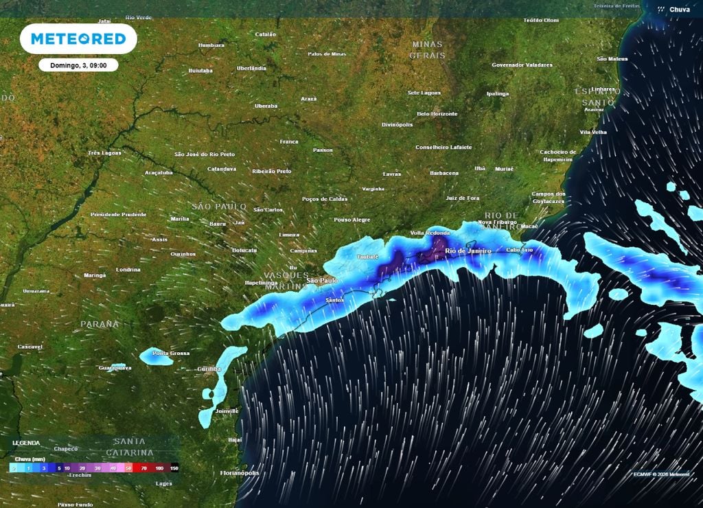 Previsão de chuva para a amanhã do domingo, 2 de maio. Circulação promovida pela massa de ar frio favorece as chuvas intensas sobre o leste de São Paulo e sobre o Rio de Janeiro.