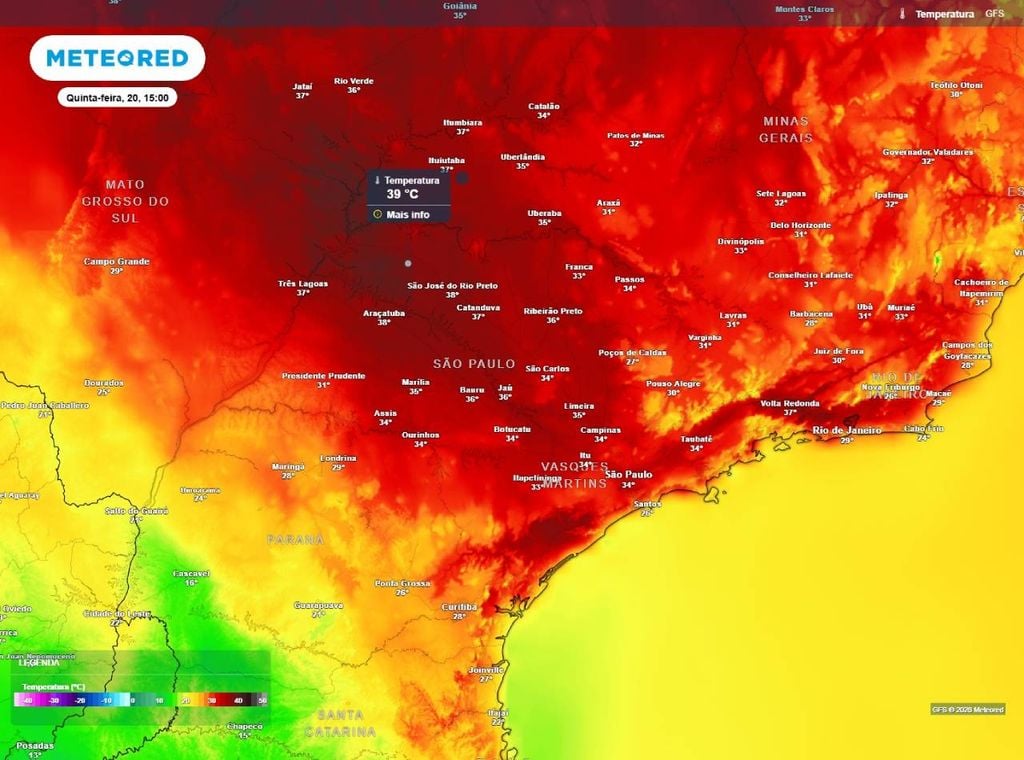 Previsão de temperatura máxima do ar (°C) para a quinta-feira, 20 de agosto.