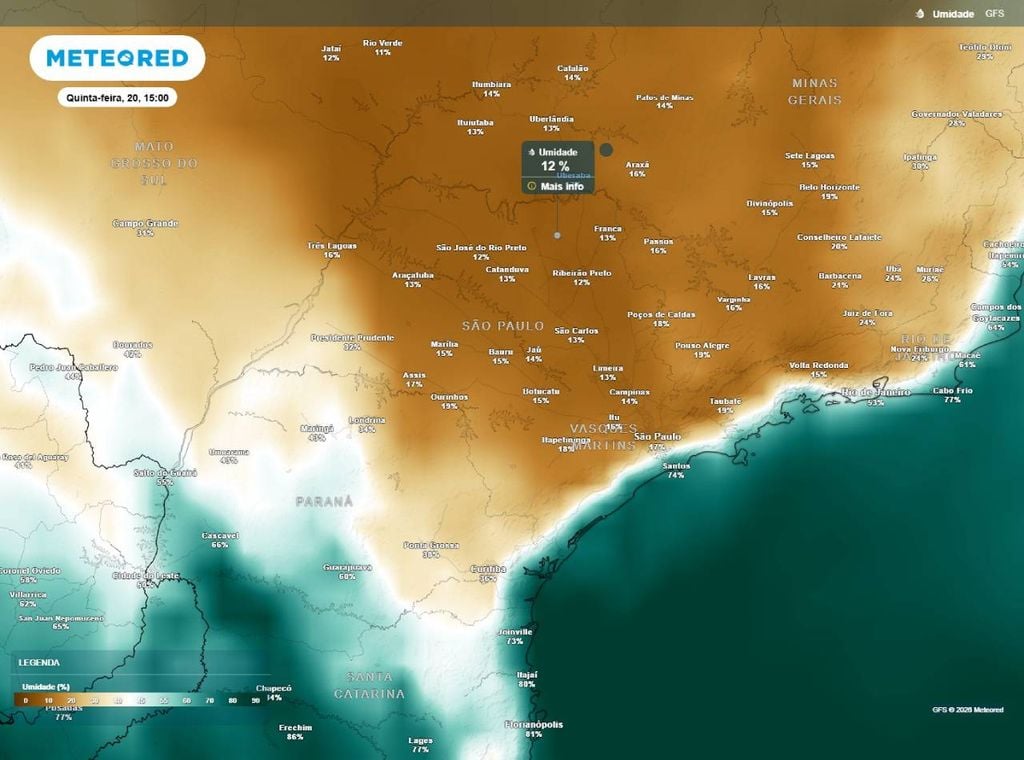 Previsão da umidade relativa do ar (%) para a quinta-feira, 20 de agosto.