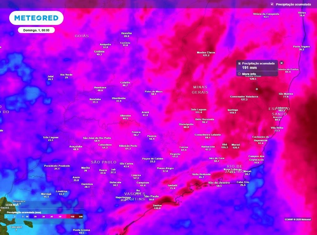 Previsão do acumulado de precipitação (em mm) até a noite do sábado (28), segundo o modelo europeu ECMWF.