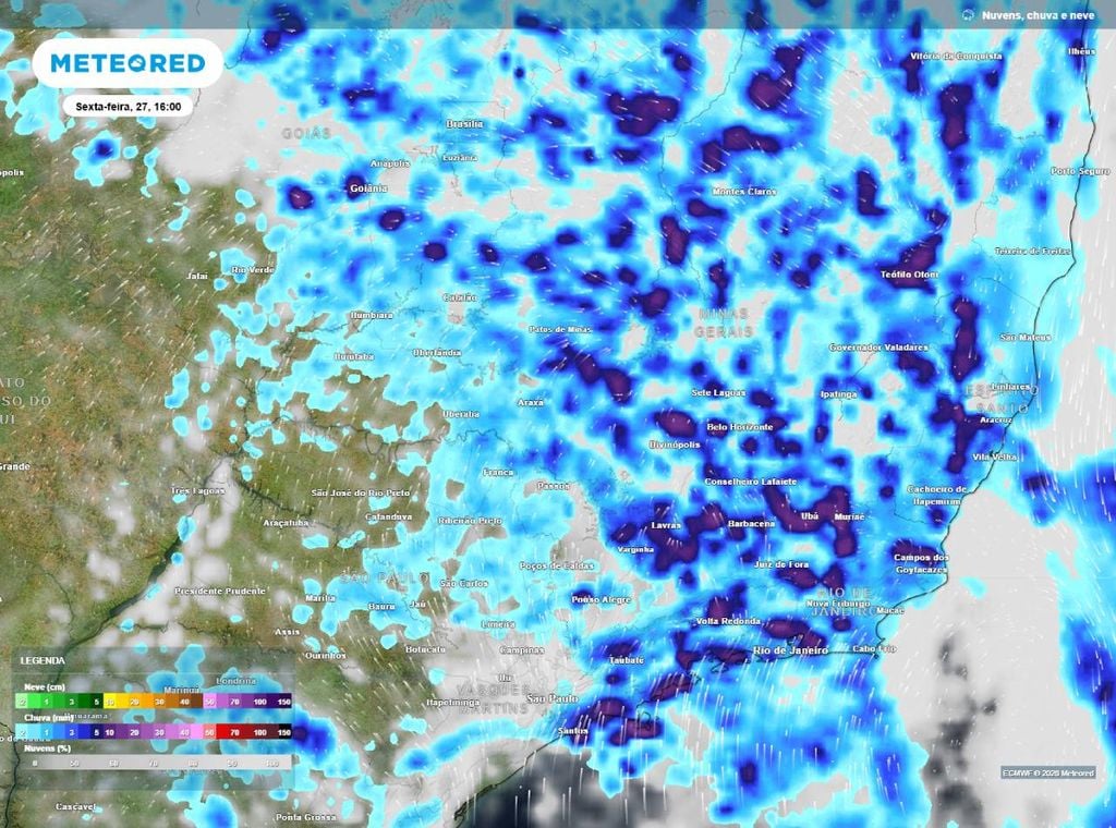 Previsão de precipitação (em mm) para sexta-feira (27) à tarde (16h), segundo o modelo europeu ECMWF.