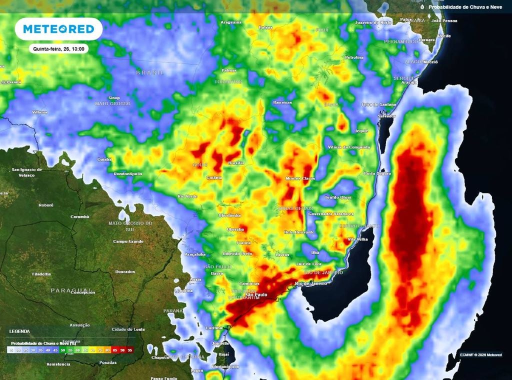 Previsão da probabilidade de precipitação (%) para a quinta-feira (26) à tarde 913h), segundo o modelo europeu ECMWF.