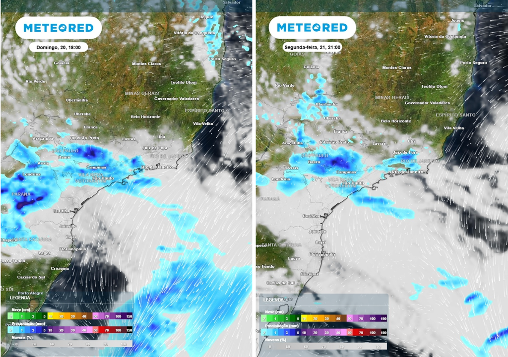 Previsão de chuva (mm) e nebulosidade para domingo (20) às 18h à esquerda e segunda-feira (21) às 21h à direita, segundo o modelo europeu ECMWF.