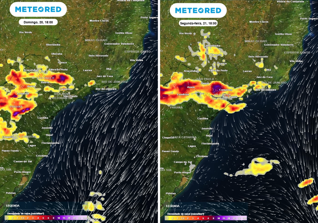 Previsão de densidade de raios para domingo (20) às 18h à esquerda e segunda-feira (21) às 18h à direita, segundo o modelo europeu ECMWF.