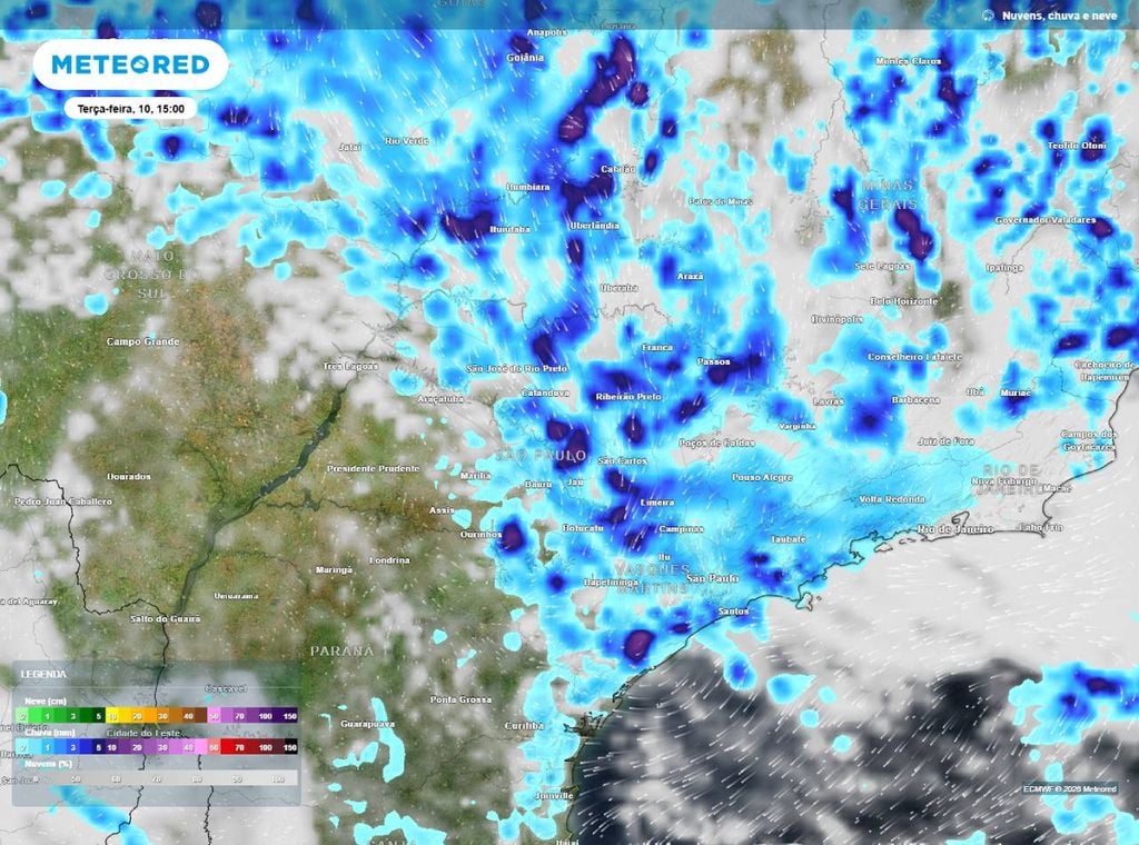 Previsão de precipitação (em mm) para a terça-feira (10) à tarde (15h), segundo o modelo europeu ECMWF.