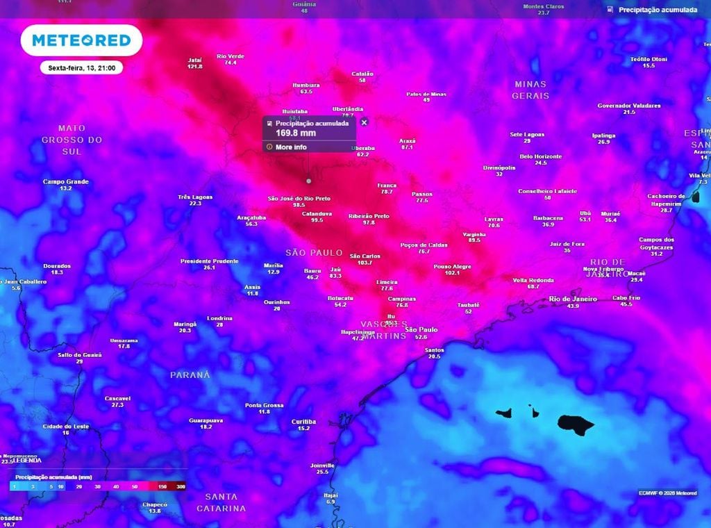 Previsão do acumulado de precipitação (em mm) até a noite (21h) de sexta-feira (13), segundo o modelo europeu ECMWF.