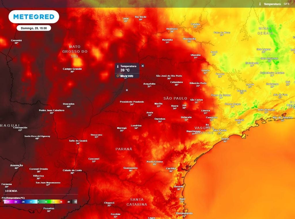 Previsão de temperatura máxima (em °C) para domingo (25) à tarde.