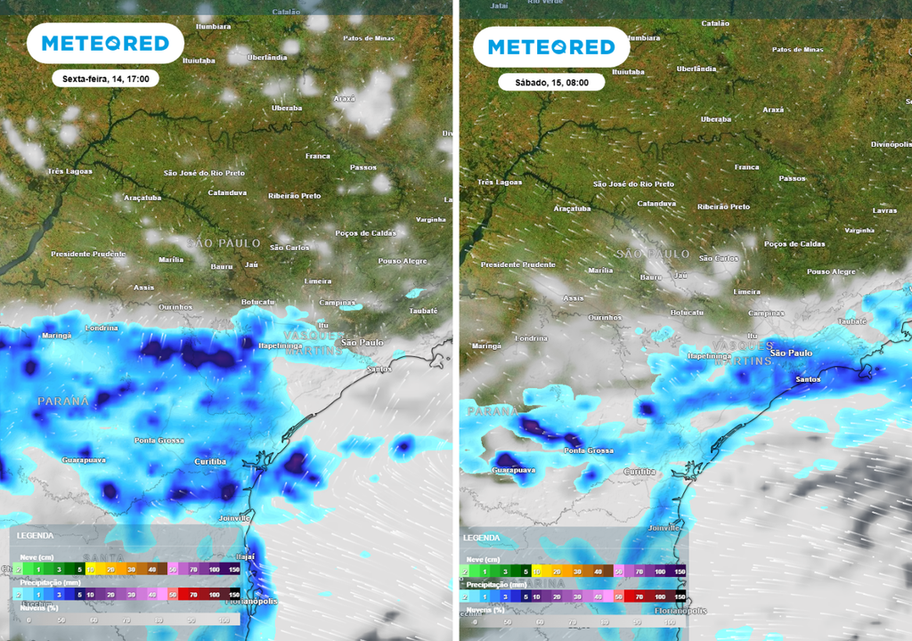 Previsão de precipitação (mm) e nebulosidade para sexta-feira (14) às 17h à esquerda e para o sábado (15) às 8h à direita, segundo o modelo europeu ECMWF.