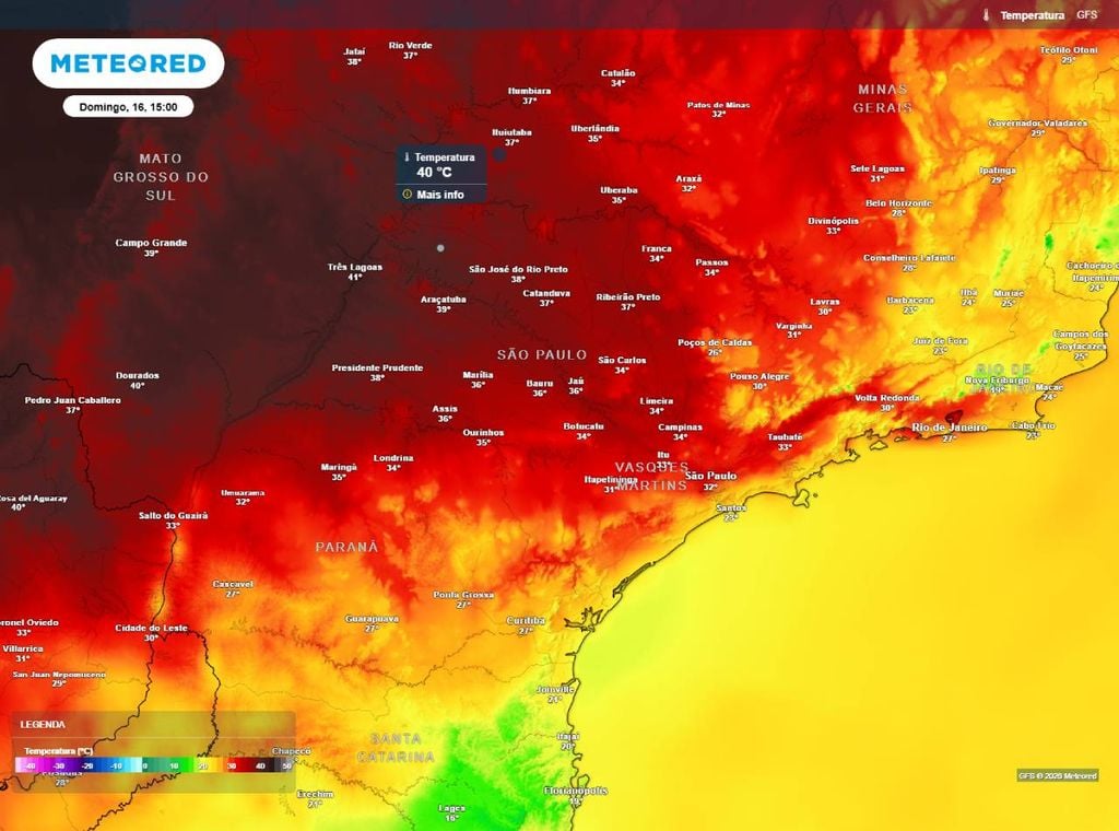 Previsão da temperatura máxima do ar (°C) para o domingo (16).