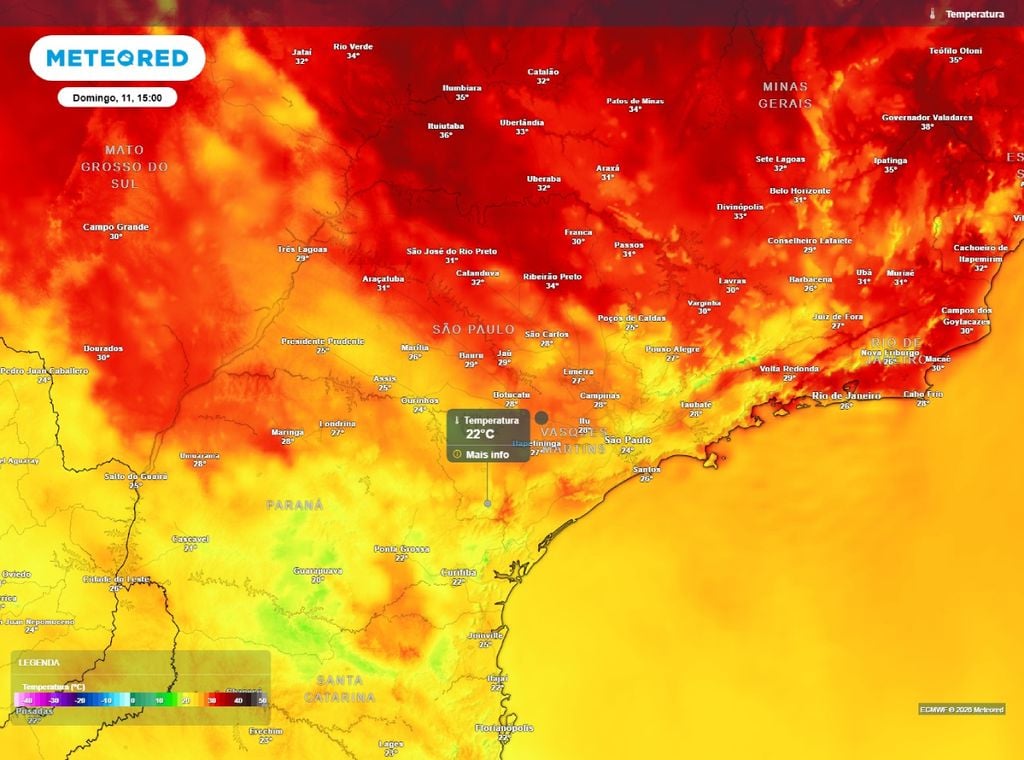 Previsão da temperatura do ar (em °C) para o domingo (11) à tarde, às 15h.