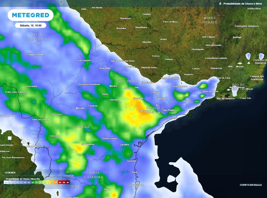 Previsão da probabilidade (%) de precipitação para sábado (10) às 15h.