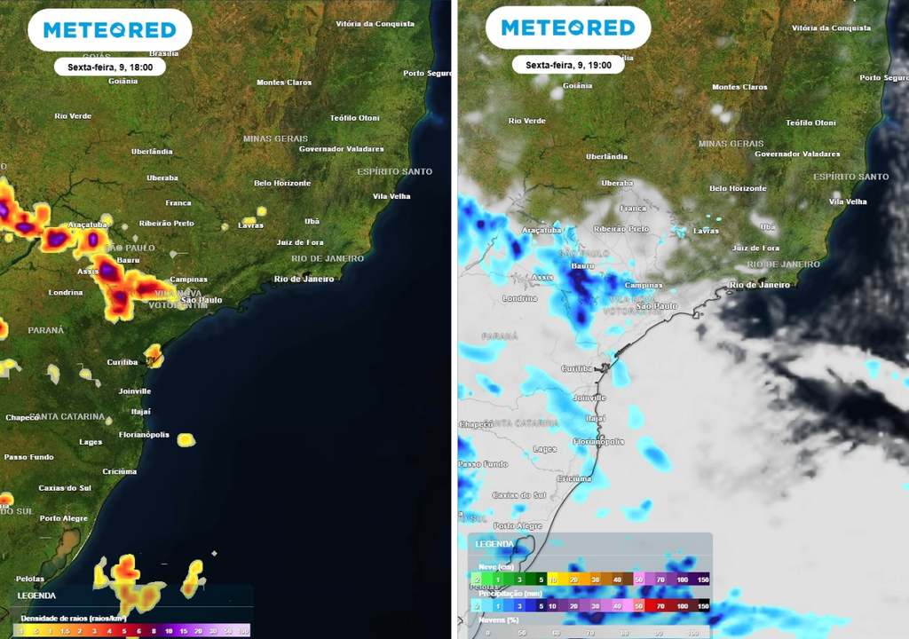À esquerda: previsão de densidade de raios para as 18h; à direita: previsão de chuva (mm) para as 19h, ambas na sexta-feira (9)..