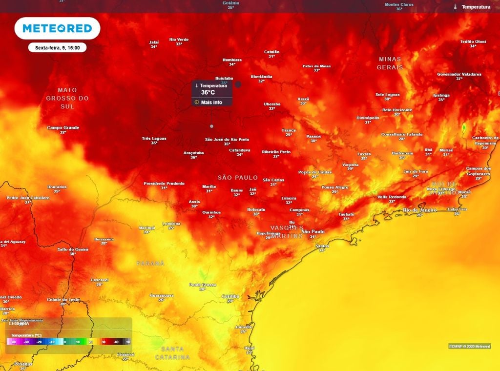 Previsão da temperatura do ar (°C) para a sexta-feira (9) às 15h.
