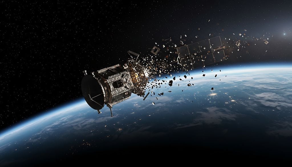 Cuando un satélite en órbita sufre un accdente, sus fragmentos se vuelven en peligros para los demás objetos en órbita.
