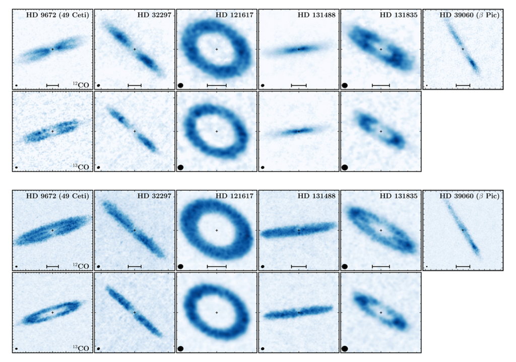 Bilder der sechs Systeme mit Gas in der Probe (Kohlenstoffmonoxid). Obere zwei Reihen: 12-CO oben und 13-CO untere Reihe. Untere zwei Reihen: wie oben, aber bei Spitzenintensität. Bild: Marino et al., 2026
