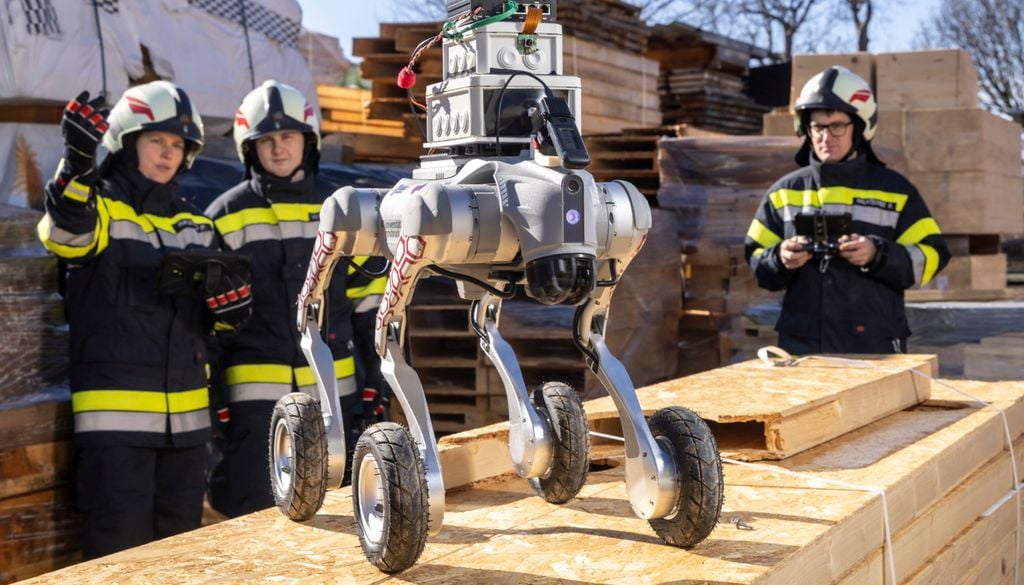 Der kompakte Roboter auf vier Beinen trägt Messgeräte, die sich bei den Feuerwehren etabliert haben. Der kompakte Roboter auf vier Beinen trägt Messgeräte, die sich bei den Feuerwehren etabliert haben. Bild: Helmut Lunghammer/TU Graz
