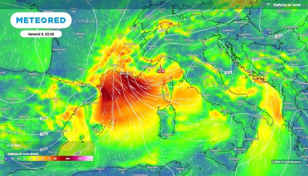 Mistral. Sul Mar di Corsica e a largo della Sardegna occidentale le raffiche di Maestrale potranno superare la soglia degli 80-90 km/h, localmente anche oltre tale soglia.