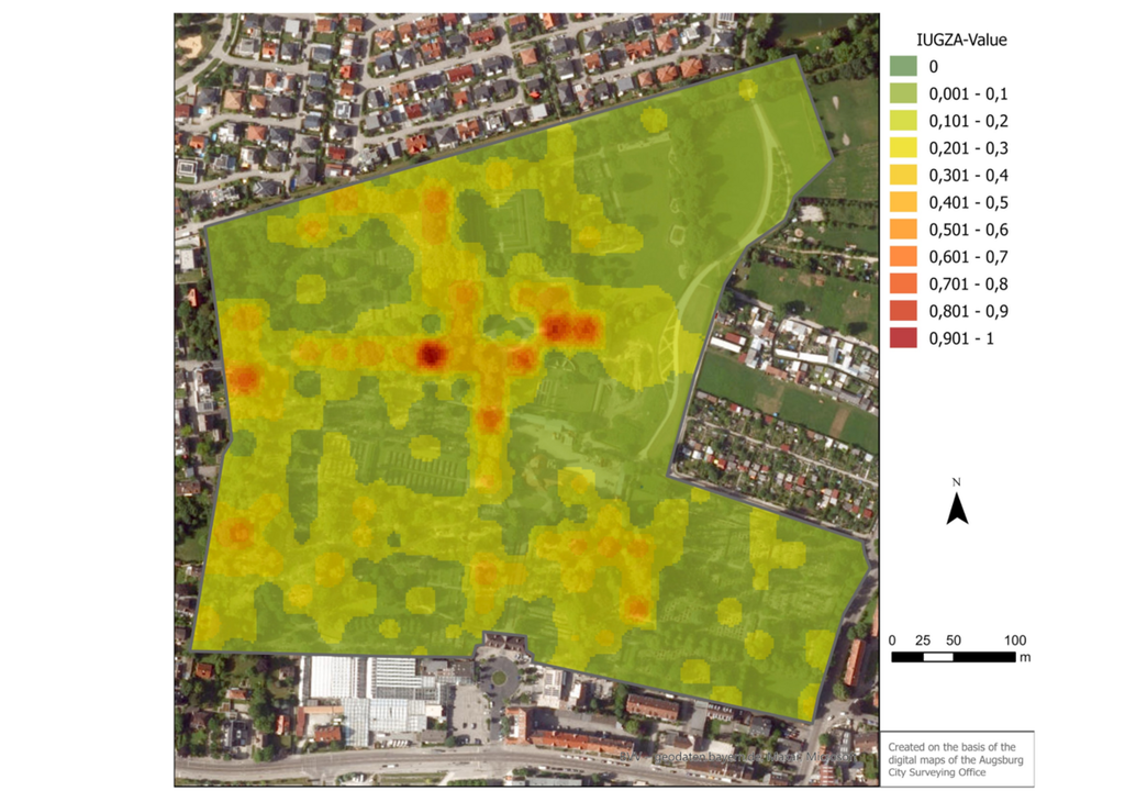 Räumliche Verteilung des Allergiepotenzials im Gebiet des Augsburger Westfriedhofs, berechnet anhand des sogenannten Urban Green Allergenicity Index (IUGZA) auf einem Raster von 25 m × 25 m. Die Werte zeigen die geschätzte Allergenität für das gesamte Jahr an. Bild: Trost, Rötzer, Traidl-Hoffmann & Plaza, 2025