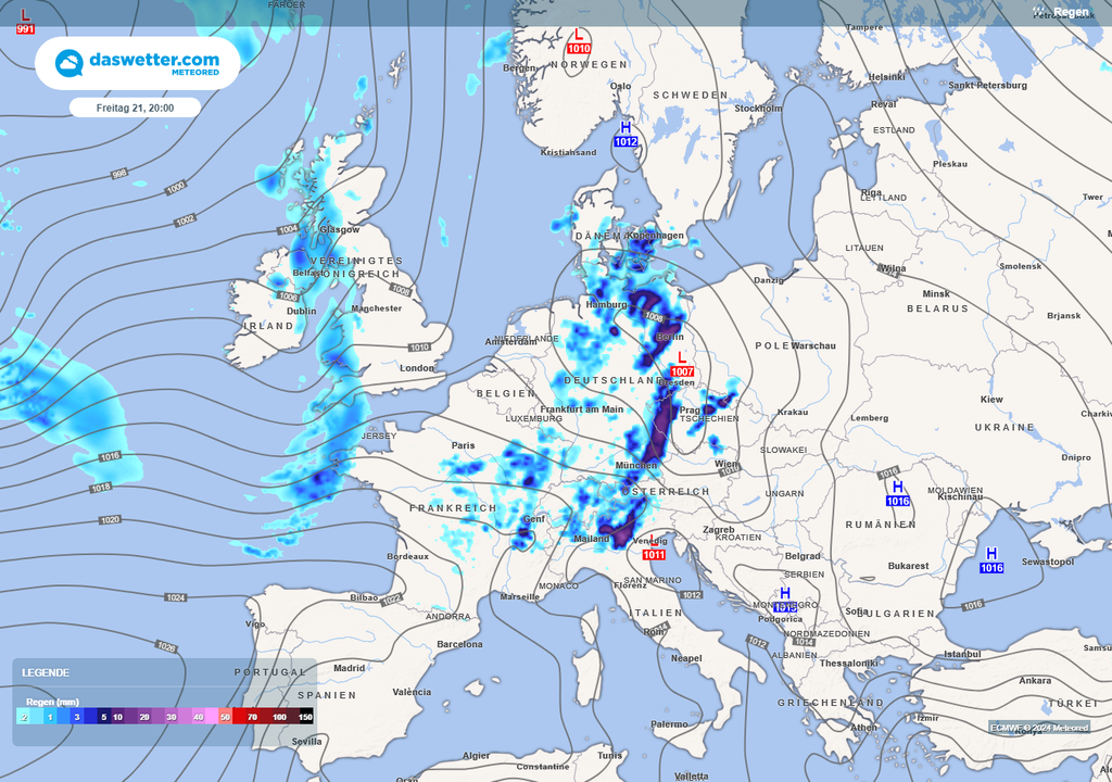 Meteored Wetterkarte Mitteleuropa für Freitagabend 21.06. 20 Uhr
