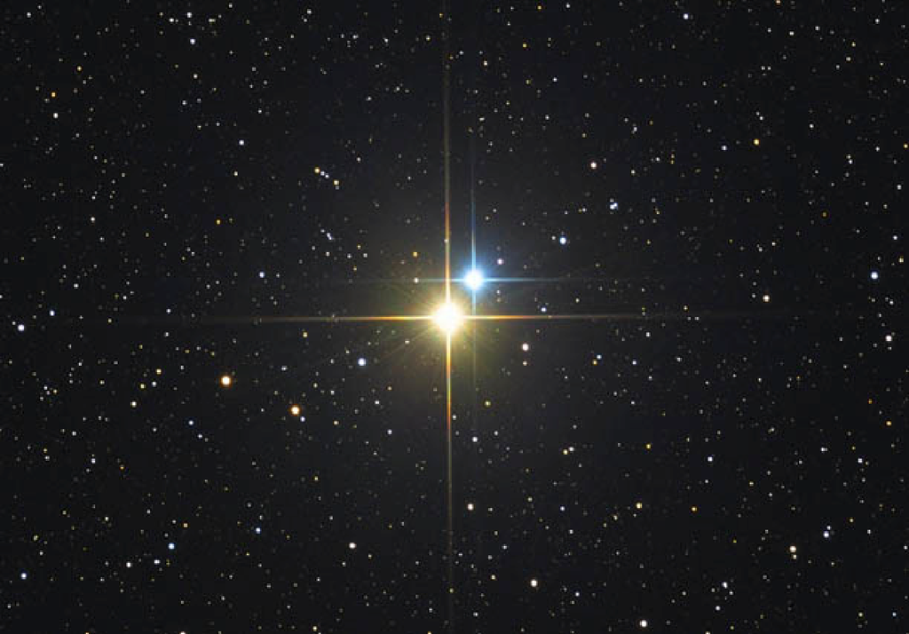 Albireo Albireo è un esempio di stella binaria fisica nella costellazione del Cigno in cui le due stelle sono legate gravitazionalmente. Particolare è il diverso colore dovuto alle diverse temperature superficiali delle due stelle.
