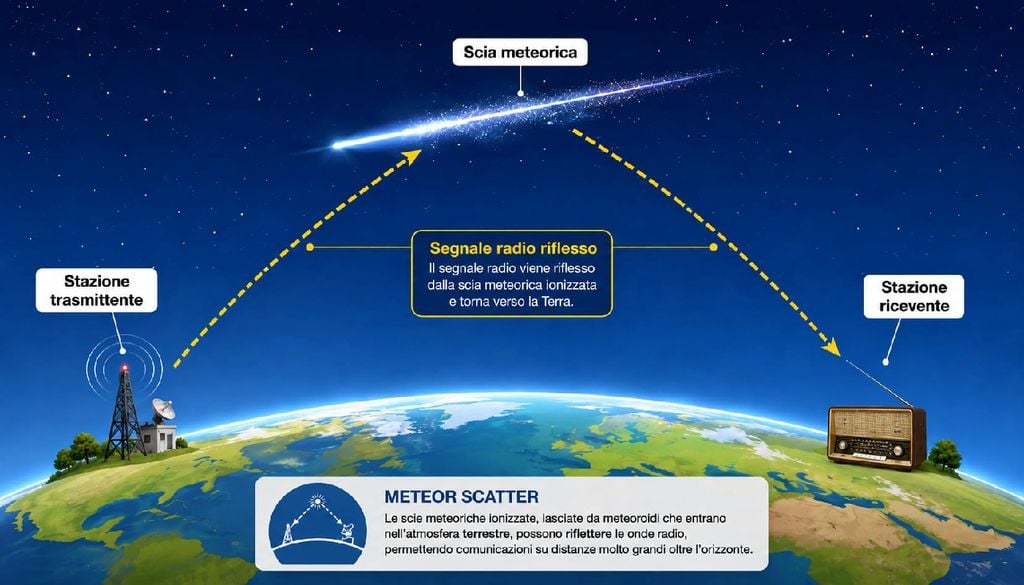 Rappresentazione schematica di come le scie ionizzate prodotte dallo sciame meteorico possano permettere ai segnali radio di arrivare anche a distanze oltre l'orizzonte.