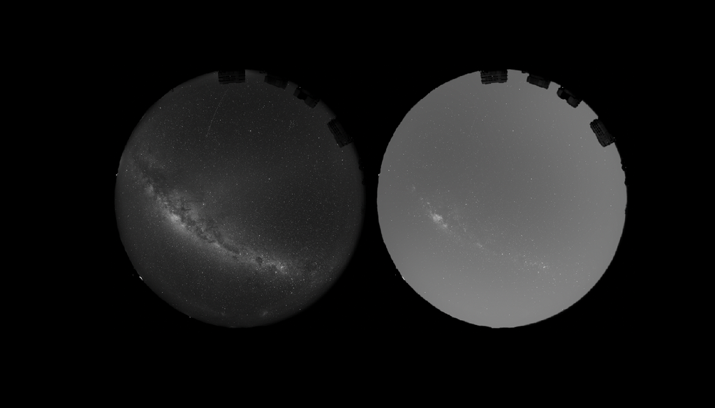 Fondo cielo Questa immagine illustra come la luce solare diffusa dagli specchi spaziali di Reflect Orbital aumenterebbe la luminosità complessiva del cielo sopra il Very Large Telescope (VLT) dell'ESO. A sinistra come appare il cielo notturno attualmente e a destra come apparirebbe dopo la messa in orbita.ESO/O. Hainaut