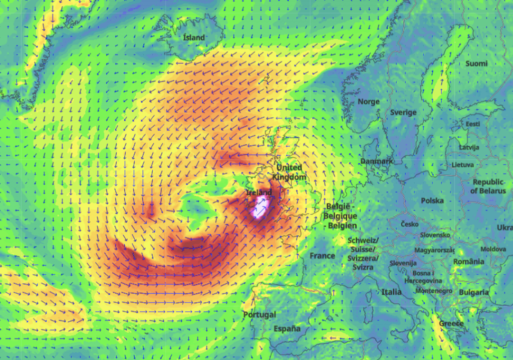 Wind map of Storm Ellen in the UK and Ireland.