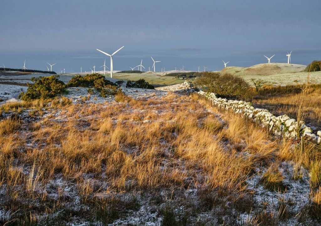 A wind turbine in Ayrshire, Scotland, had its turbine arms shredded by the storm's winds.