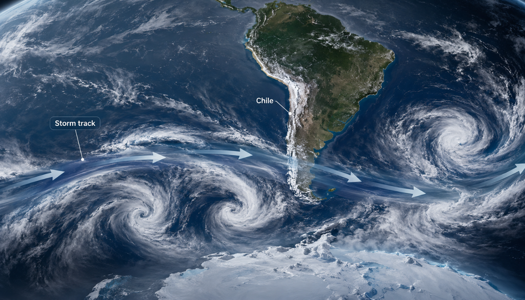 Imagen referencial del storm track: la banda de tormentas que rodea el hemisferio sur y ayuda a explicar cómo se organizan las lluvias en Chile.