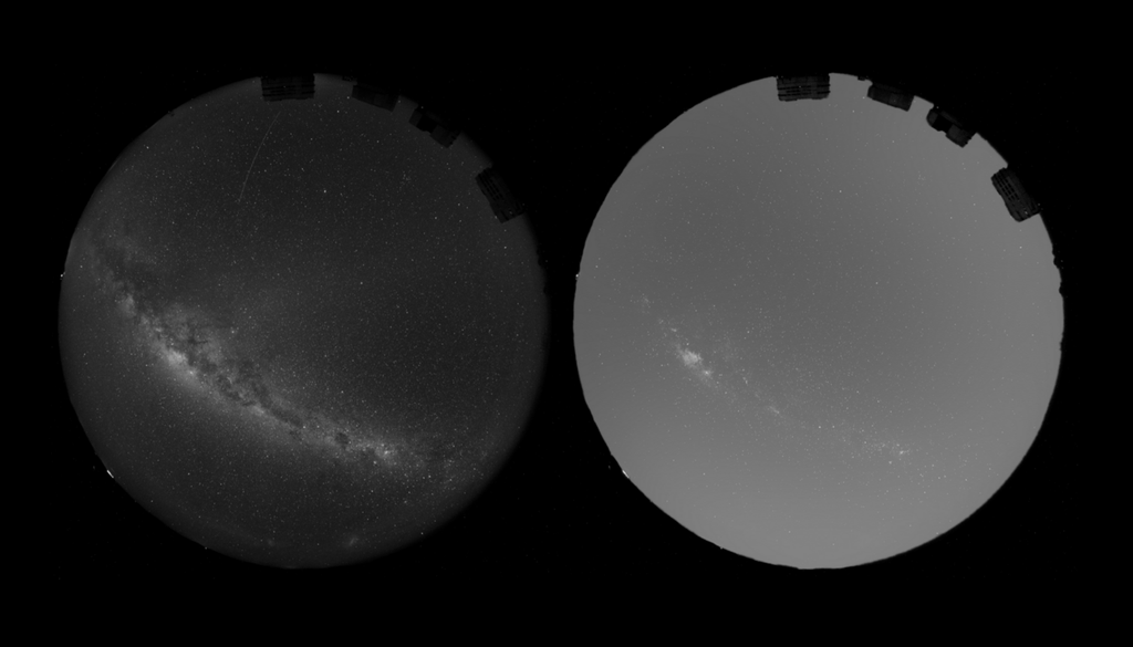 Das linke Bild wurde in einer mondlosen Nacht am 16. Mai 2026 aufgenommen. Das rechte Bild ist eine Simulation, die zeigt, um wie viel heller der Himmel mit der vollständigen Konstellation von 50.000 Spiegeln von Reflect Orbital wäre. Das linke Bild wurde in einer mondlosen Nacht am 16. Mai 2026 aufgenommen. Das rechte Bild ist eine Simulation, die zeigt, um wie viel heller der Himmel mit der vollständigen Konstellation von 50.000 Spiegeln von Reflect Orbital wäre. Bild: ESO/O. Hainaut